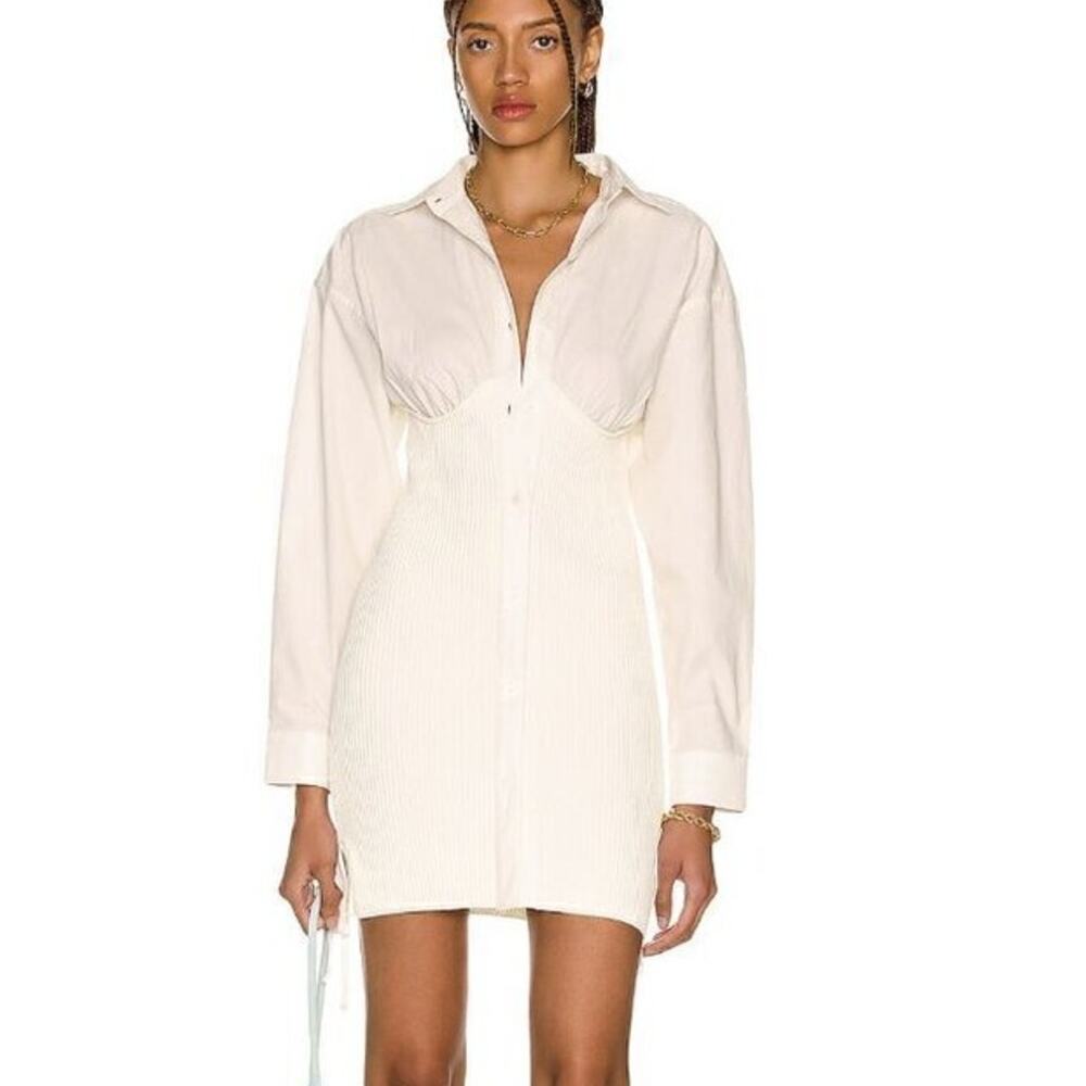 ANDREĀDAMO Ivory Ribbed Knit Cotton Mini Shirt Dress XS